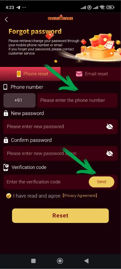Paglu Game forgot password screen