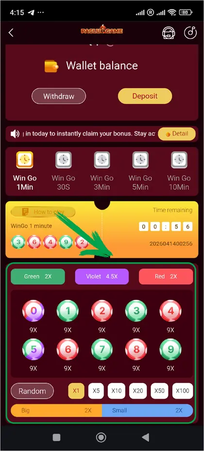 Paglu Game Wingo screen showing colour and number selections